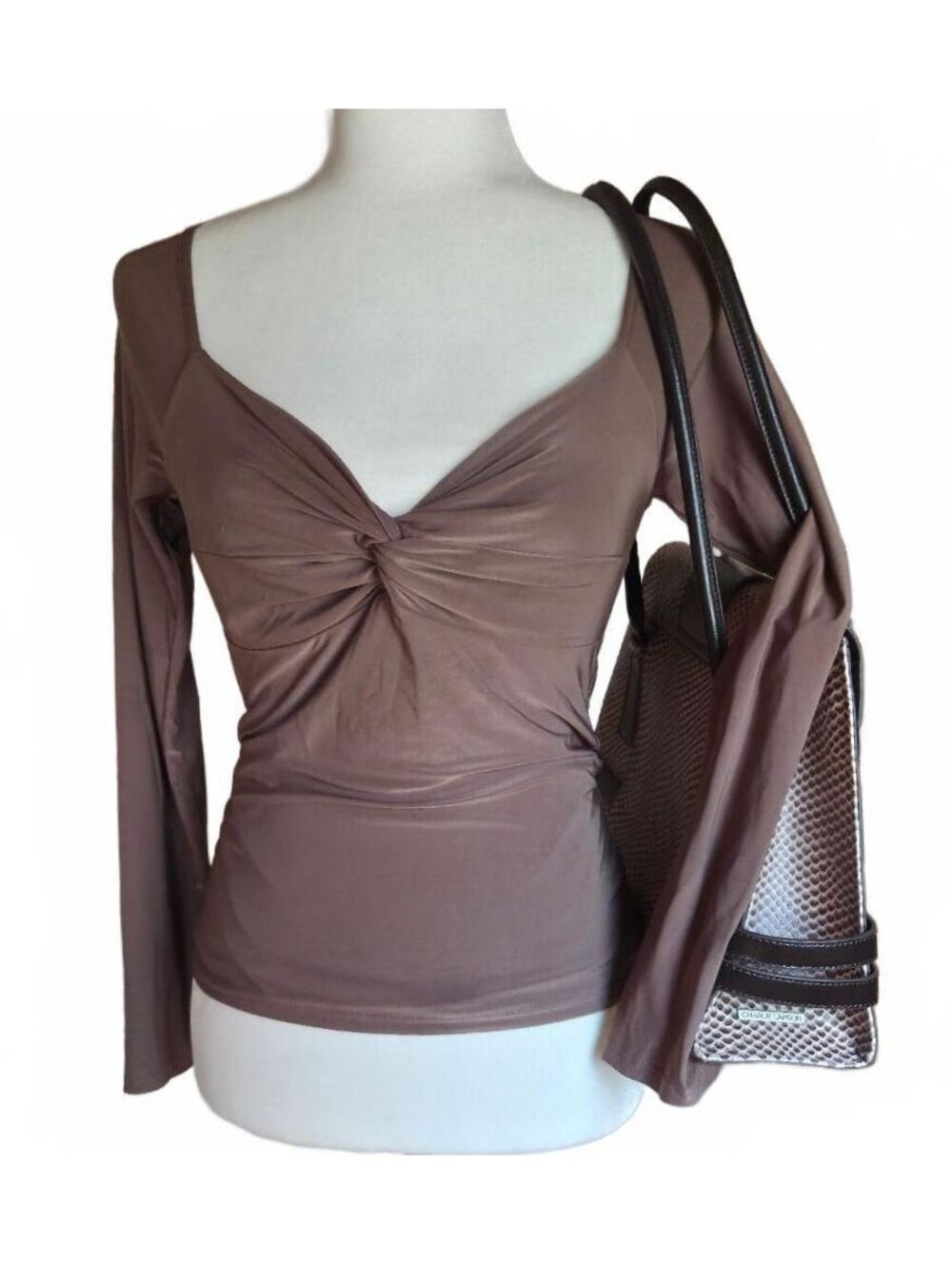 Mocha Brown Twist Front Long Sleeve Top Sweetheart Neck Slinky Y2K Going Out S